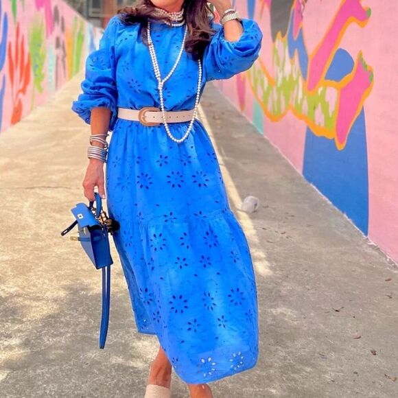 NWT H&M Blue Embroidered Eyelet Lace Long Puff Sleeve Open Back Midi Dress - Picture 2 of 14